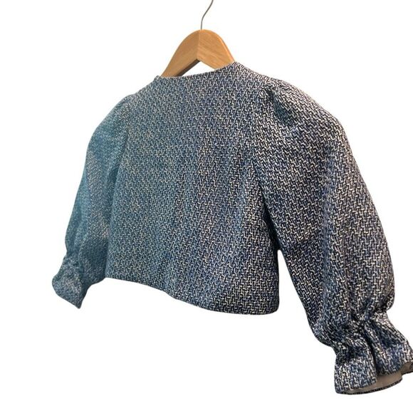 Janie and Jack Girls’ Blue & White Tweed Puff Sleeve Button-Up Jacket - Picture 6 of 7